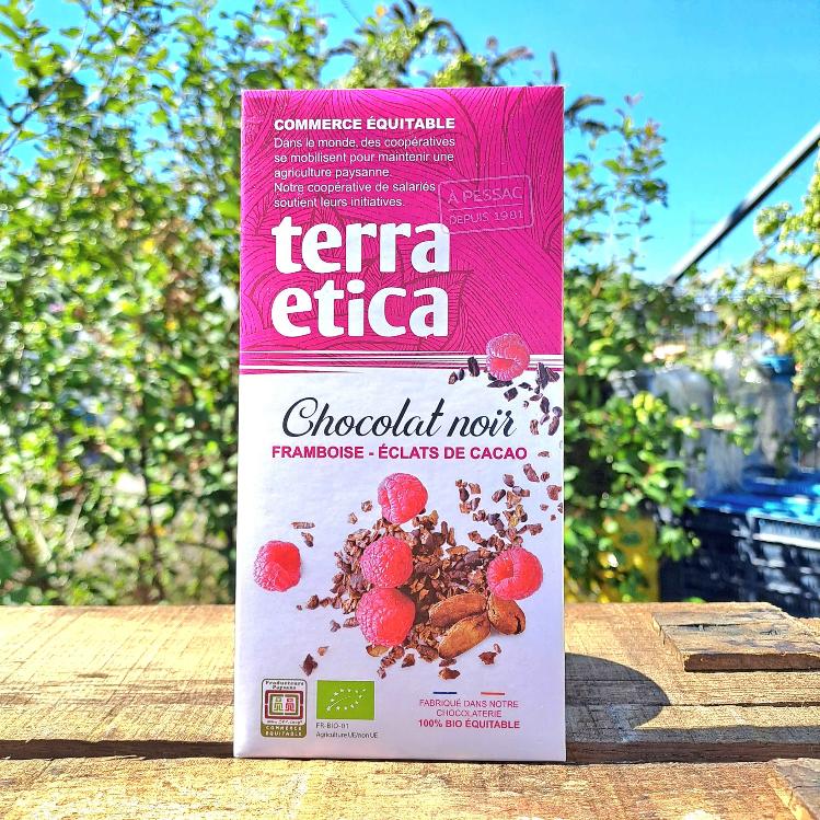 Chocolat noir framboise - éclats de cacao 100 gr