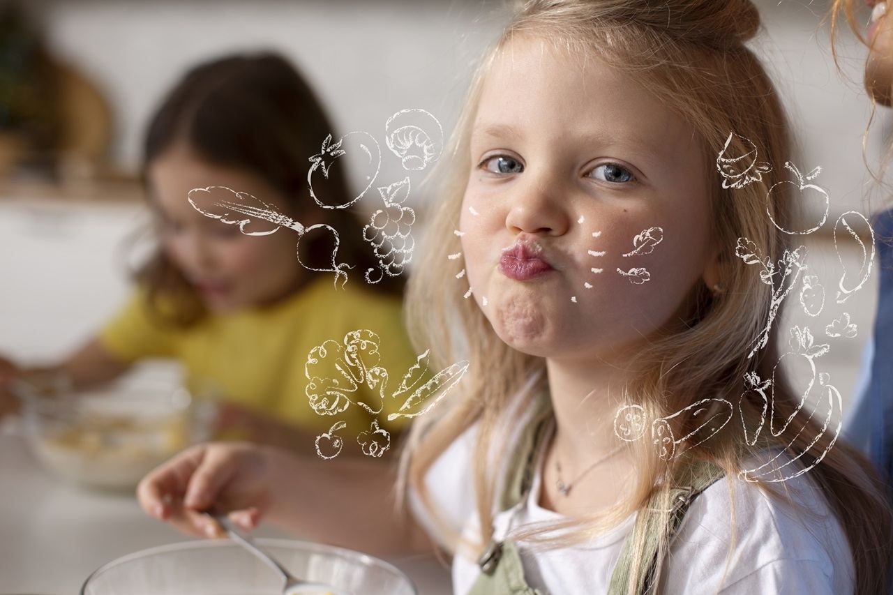 Une petite fille savoure son repas à la cantine, entourée de légumes dessinés à la craie