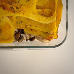 La Tranche : Butternut, ricotta, champignons, noisettes, petit épeautre